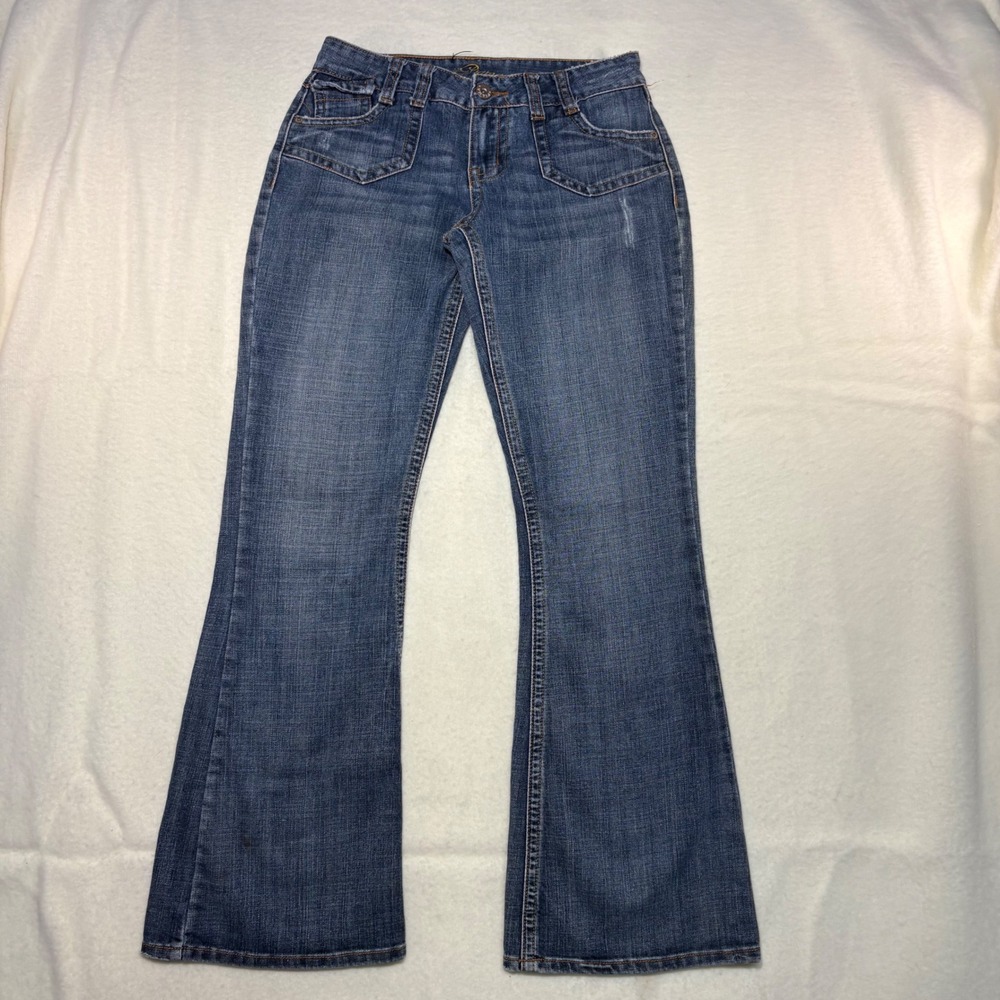 Piama Womens Flare Leg Jeans Blue Denim Low Rise Size 5‎ Y2K Distressed Pockets
